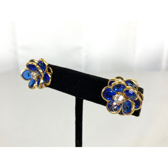 Vintage Avon Rhinestones Flower Petal Stud Earrings Blue Clip on - Picture 4 of 7